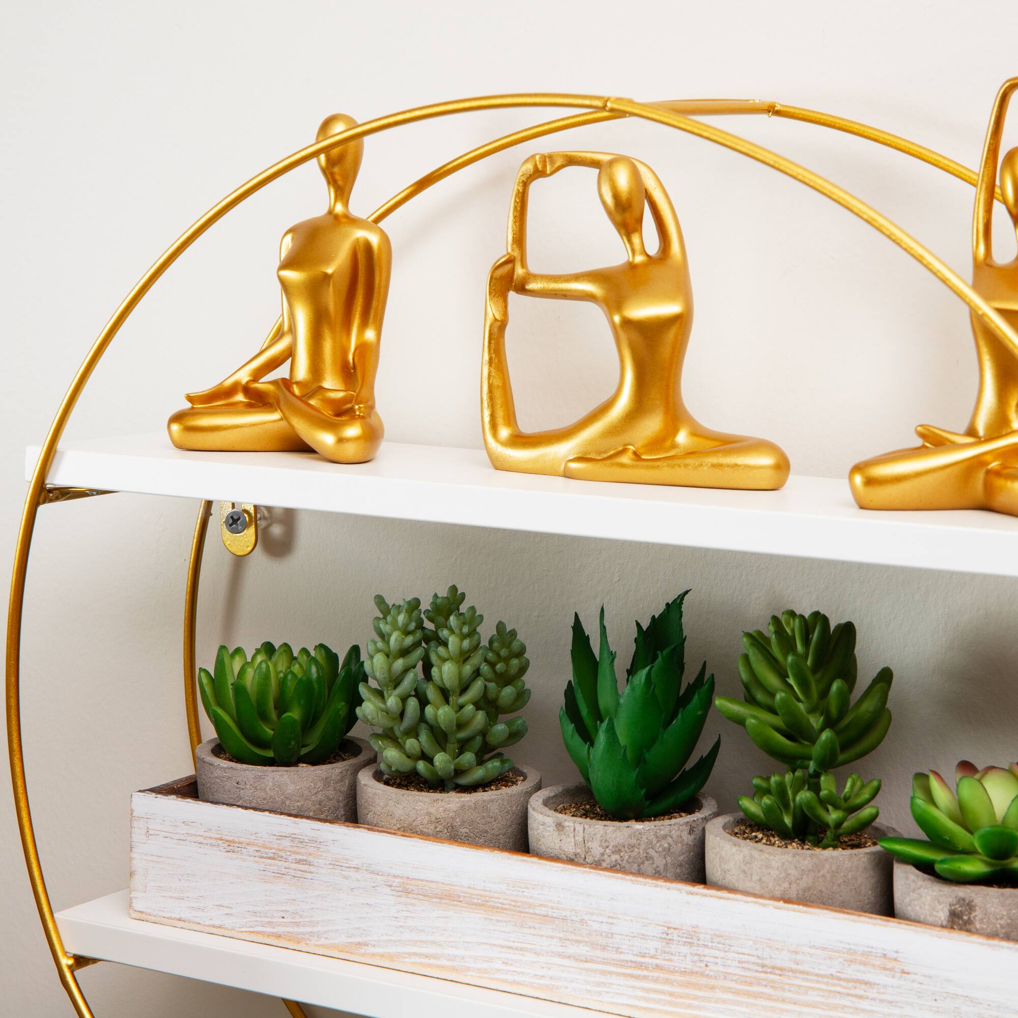 Mind Reader Floating Round Wall Shelves, Gold Metal Frame with Dual White Display Shelves, White